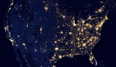 This image of the continental United States at night is a composite assembled from data acquired by the Suomi NPP satellite in April and October 2012. The image was made possible by the satellite's ‘day-night band’ of the Visible Infrared Imaging Radiometer Suite (VIIRS), which detects light in a range of wavelengths from green to near-infrared and uses filtering techniques to observe dim signals such as city lights, gas flares, auroras, wildfires and reflected moonlight. Image credit: NASA Earth Observatory / NOAA NGDC.