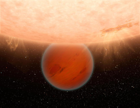 A hot Neptune-sized exoplanet behind its parent star. Image credit: NASA / JPL-Caltech.