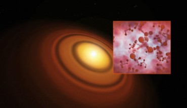 This artist’s impression shows the closest known protoplanetary disc, around the star TW Hydrae. The organic molecule methanol has been found by ALMA in this disc. This is the first such detection of the compound in a young planet-forming disc. Image credit: M. Kornmesser / ESO.