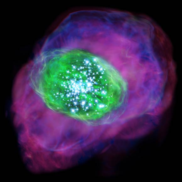 Artist’s impression of SXDF-NB1006-2. Many young bright stars are located in this galaxy and ionize the gas inside and around it. Green color indicates the ionized oxygen detected by ALMA, whereas purple shows the distribution of ionized hydrogen detected by the Subaru Telescope. Image credit: NAOJ.