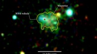 This X-ray image shows extended emission around the magnetar Swift J1834.9-0846. The glow arises from a cloud of fast-moving particles produced by the neutron star and corralled around it. Color indicates X-ray energies, with 2,000-3,000 electron volts (eV) in red, 3,000-4,500 eV in green, and 5,000 to 10,000 eV in blue. The image combines observations by XMM-Newton taken on March 16 and October 16, 2014. Image credit: ESA / XMM-Newton / G. Younes et al.