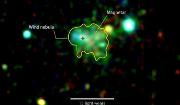 This X-ray image shows extended emission around the magnetar Swift J1834.9-0846. The glow arises from a cloud of fast-moving particles produced by the neutron star and corralled around it. Color indicates X-ray energies, with 2,000-3,000 electron volts (eV) in red, 3,000-4,500 eV in green, and 5,000 to 10,000 eV in blue. The image combines observations by XMM-Newton taken on March 16 and October 16, 2014. Image credit: ESA / XMM-Newton / G. Younes et al.