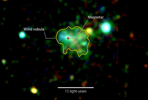 This X-ray image shows extended emission around the magnetar Swift J1834.9-0846. The glow arises from a cloud of fast-moving particles produced by the neutron star and corralled around it. Color indicates X-ray energies, with 2,000-3,000 electron volts (eV) in red, 3,000-4,500 eV in green, and 5,000 to 10,000 eV in blue. The image combines observations by XMM-Newton taken on March 16 and October 16, 2014. Image credit: ESA / XMM-Newton / G. Younes et al.