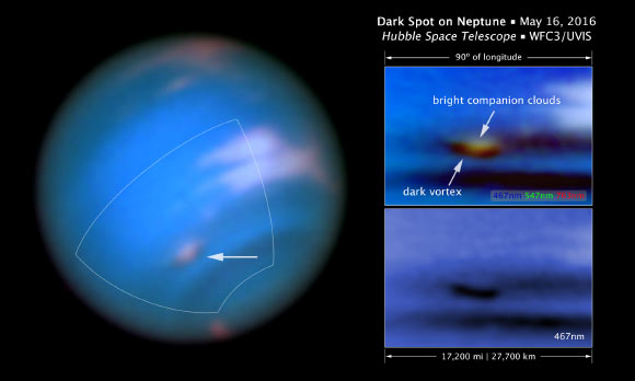 This Hubble image confirms the presence of a dark vortex in the atmosphere of Neptune: the full-color image at top right is a close-up of SDS-2015; the image at bottom right shows that the vortex is best seen at blue wavelengths. Image credit: NASA / ESA / M.H. Wong & J. Tollefson, University of California at Berkeley.