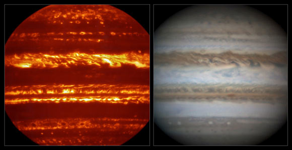 This view compares a lucky imaging view of Jupiter from VISIR (left) at infrared wavelengths with a very sharp amateur image in visible light from about the same time (right). Image credit: L. Fletcher / Damian Peach / ESO.