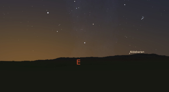 The view towards the east from the Carregal do Sal megalithic cluster, at dawn at the end of April around 4,000 BC, as reconstructed using a Digital Elevation Model and Stellarium. Aldebaran, the last star to rise before the Sun, is rising directly above Serra da Estrela, the ‘mountain range of the star.’ Image credit: Fabio Silva.