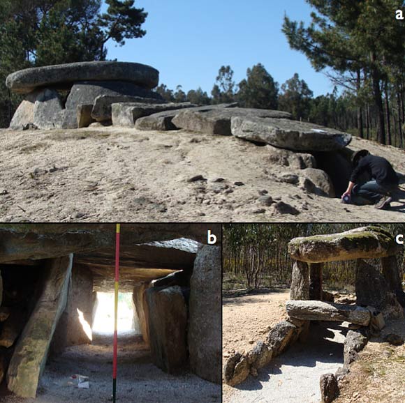 Photographs of the megalithic cluster of Carregal do Sal: (a) Dolmen da Orca, a typical dolmenic structure in western Iberia; (b) view of the passage and entrance while standing within the dolmens’ chamber: the ‘window of visibility;’ (c) Orca de Santo Tisco, a dolmen with a much smaller passage or corridor. Image credit: Fabio Silva.
