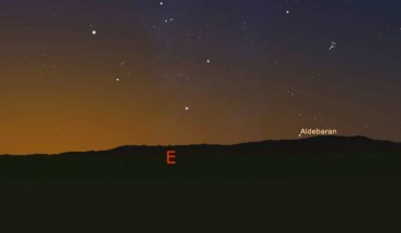 The view towards the east from the Carregal do Sal megalithic cluster, at dawn at the end of April around 4,000 BC, as reconstructed using a Digital Elevation Model and Stellarium. Aldebaran, the last star to rise before the Sun, is rising directly above Serra da Estrela, the ‘mountain range of the star.’ Image credit: Fabio Silva.