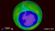A simulation of the Antarctic ozone hole, made from data taken on October 22, 2015. Image credit: NASA’s Goddard Space Flight Center.