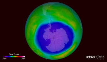 A simulation of the Antarctic ozone hole, made from data taken on October 22, 2015. Image credit: NASA’s Goddard Space Flight Center.