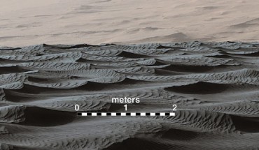 Two sizes of ripples are evident in this December 13, 2015, view of a top of a Martian sand dune, from Curiosity. Sand dunes and the smaller type of ripples also exist on Earth. The larger ripples -- roughly 10 feet (3 m) apart -- are a type not seen on our planet nor previously recognized as a distinct type on Mars. Scale bar - 2 m (79 inches). Image credit: NASA / JPL-Caltech / MSSS.