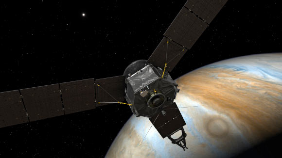 This illustration depicts NASA’s Juno spacecraft at Jupiter, with its solar arrays and main antenna pointed toward the distant Sun and Earth. Image credit: NASA / JPL-Caltech.