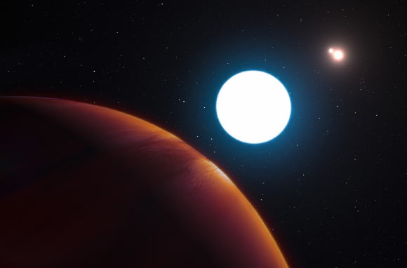 This artist’s impression shows a view of the triple-star system HD 131399 (also known as HIP 72940 and 2MASS J14542529-3408342) from close to the Jupiter-like exoplanet orbiting in the system. HD 131399Ab and appears at the lower-left of the picture. Image credit: L. Calcada / ESO.