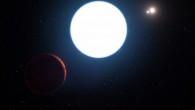 This artist’s impression shows a view of the triple-star system HD 131399 (also known as HIP 72940 and 2MASS J14542529-3408342) from close to the Jupiter-like exoplanet orbiting in the system. HD 131399Ab and appears at the lower-left of the picture. Image credit: L. Calcada / ESO.