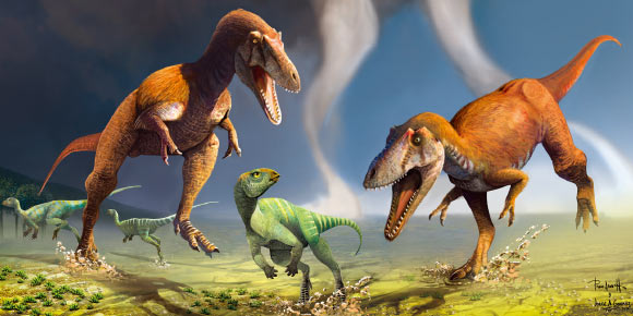 Two theropod dinosaurs attack a smaller dinosaur. Image credit: Jorge Gonzalez / Pablo Lara.
