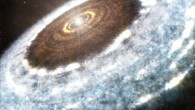 This artist’s impression shows the water snow-line around the young star V883 Orionis. Image credit: A. Angelich / NRAO / AUI / NSF / ALMA / ESO / NAOJ.