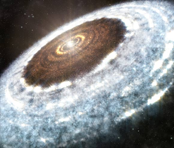 This artist’s impression shows the water snow-line around the young star V883 Orionis. Image credit: A. Angelich / NRAO / AUI / NSF / ALMA / ESO / NAOJ.