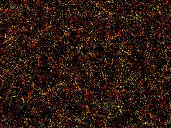 This is one slice through the map of the large-scale structure of the Universe from the Baryon Oscillation Spectroscopic Survey. Each dot in this picture indicates the position of a galaxy 6 billion years into the past. The image covers about 1/20th of the sky, a slice of the Universe 6 billion light-years wide, 4.5 billion light-years high, and 500 million light-years thick. Color indicates distance from Earth, ranging from yellow on the near side of the slice to purple on the far side. Galaxies are highly clustered, revealing superclusters and voids whose presence is seeded in the first fraction of a second after the Big Bang. This image contains 48,741 galaxies, about 3% of the full survey dataset. Grey patches are small regions without survey data. Image credit: Daniel Eisenstein / SDSS-III Collaboration.