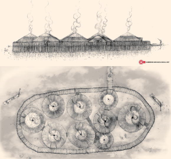 Preliminary reconstruction sketch showing a bird’s-eye view and side view of how the stilted settlement at Must Farm may have looked. Image credit: Cambridge Archaeological Unit.