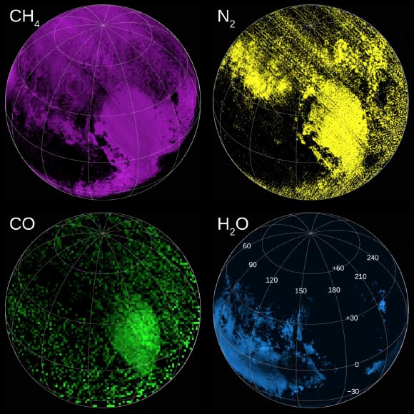 These composition maps were assembled using data from the Linear Etalon Imaging Spectral Array (LEISA) component of New Horizons’ Ralph instrument. Image credit: NASA / Johns Hopkins University Applied Physics Laboratory / Southwest Research Institute.