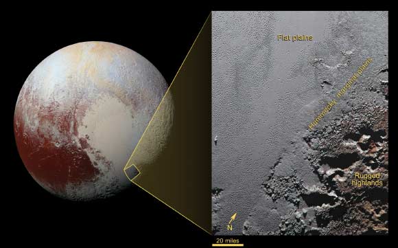 This dramatic image from NASA’s New Horizons spacecraft shows the dark, rugged highlands known as Krun Macula (lower right), which border a section of Pluto’s icy plains. Image credit: NASA / Johns Hopkins University Applied Physics Laboratory / Southwest Research Institute.