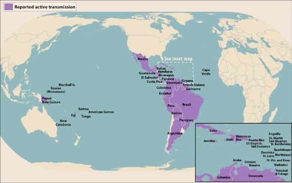 Countries and territories reporting active mosquito transmission of Zika virus (as of July 14, 2016). Image credit: CDC.