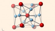 Crystal structure of beta-Ti3Au (blue – titanium, red – gold). Image credit: Rice University.