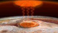 Artist’s concept of the mechanism of heating from the Great Red Spot. Turbulent atmospheric flows above the storm produce both gravity waves and acoustic waves. Gravity waves are much like how a guitar string moves when plucked, while acoustic waves are compressions of the air (sound waves). Heating in the upper atmosphere 500 miles (805 km) above the storm is thought to be caused by a combination of these two wave types ‘crashing’ like ocean waves on a beach. Image credit: Karen Teramura, University of Hawaii at Manoa / James O’Donoghue, Boston University.