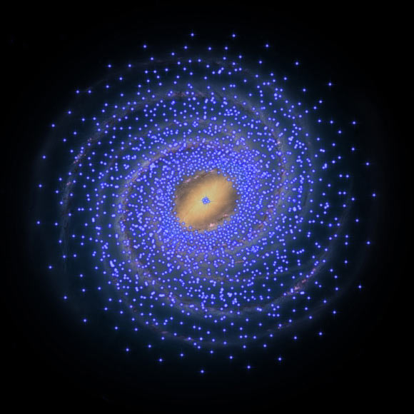 An artist’s concept of the implied distribution of Cepheids (blue) in the Milky Way. With the exception of a small clump in the Galactic center, the central 8,000 light years appear to have very few Cepheids, and hence very few young stars. Image credit: University of Tokyo.