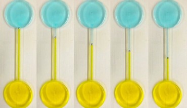 Continuous motion of a self-propelling droplet of Galinstan under a pH gradient, shown at different time intervals. The droplet is placed in a fluidic channel, midway between two reservoirs filled with different electrolytes of acidic and basic nature. Image credit: RMIT University.