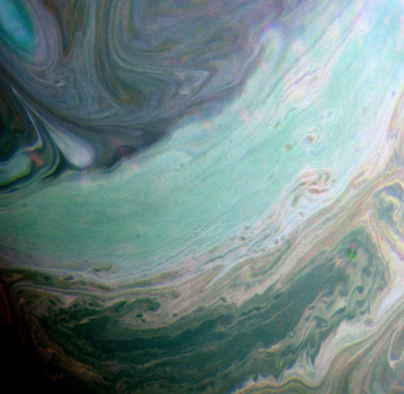 This false-color image from Cassini shows clouds in the atmosphere of Saturn. Image credit: NASA / JPL-Caltech / Space Science Institute / Kevin M. Gill.