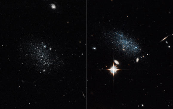 These Hubble images show small, ancient galaxies Pisces A (left) and Pisces B. Image credit: NASA / ESA / E. Tollerud, STScI.