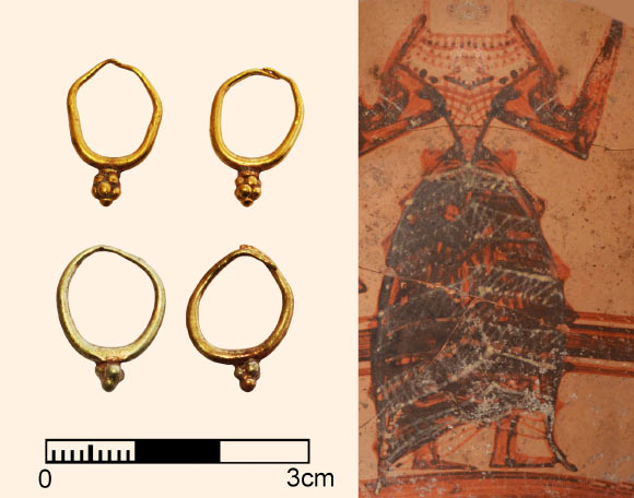 Left: two pairs of gold earrings, c. 1400-1300 BC. Right: Mycenaean vessel depicting a female (goddess, princess?) dressed in Minoan clothes. Image credit: Peter Fischer.