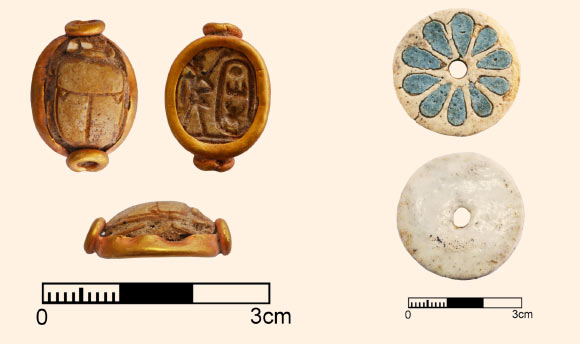 Left: gold-mounted scarab of steatite with the cartouche of Thutmose III (1479-1425 BC), remains of blue color on scarab. Right: Egyptian faience button, c. 1200 BC. Image credit: Peter Fischer.