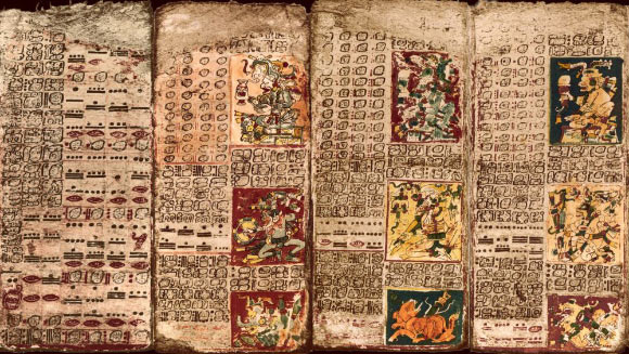 The Preface of the Venus Table of the Dresden Codex, first panel on left, and the first three pages of the Table. Image credit: University of California, Santa Barbara.