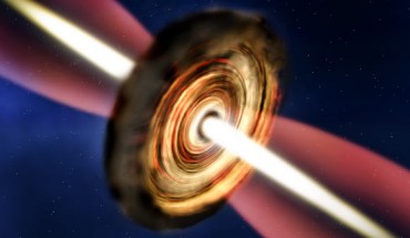 Artist’s impression of the disc and outflow around the massive protostar G11.92–0.61 MM1. Image credit: A. Smith / Institute of Astronomy, Cambridge.