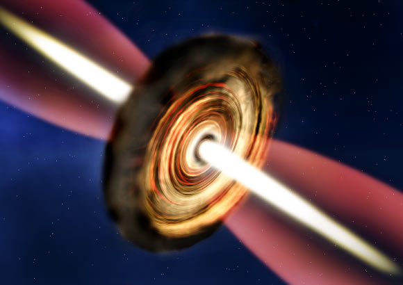 Artist’s impression of the disc and outflow around the massive protostar G11.92–0.61 MM1. Image credit: A. Smith / Institute of Astronomy, Cambridge.