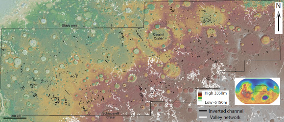 Map showing distribution of inverted channels (black lines) and valley networks (white lines) in Arabia Terra, Mars. Many of the inverted channels (e.g., southwest region of study area) are not associated with valley networks. Background image is Mars Orbital Laser Altimeter gridded topographic map. Image credit: J.M. Davis et al.
