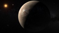 This artist’s impression shows Proxima b orbiting Proxima Centauri, which at only 4.23 light-years is the closest star to our Solar System. The double star Alpha Centauri AB also appears in the image between the exoplanet and Proxima itself. Image credit: M. Kornmesser / ESO.