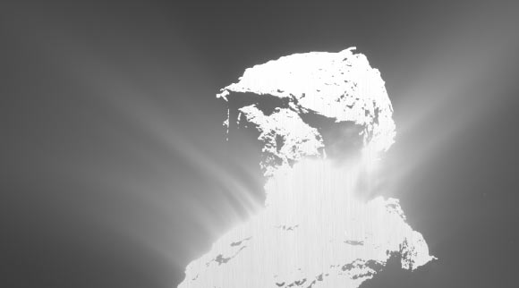 This dramatic outburst from the nucleus of Comet 67P/Churyumov-Gerasimenko occured on February 19, 2016. Image credit: ESA / Rosetta / MPS for OSIRIS Team / MPS / UPD / LAM / IAA / SSO / INTA / UPM / DASP / IDA.