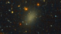 The ultra-diffuse galaxy Dragonfly 44 and its immediate surroundings. The galaxy consists almost entirely of dark matter, and has a remarkable appearance: it is a low surface brightness, spheroidal object that is peppered with faint, compact sources. Image credit: Pieter van Dokkum / Roberto Abraham / Gemini Observatory / SDSS / AURA.