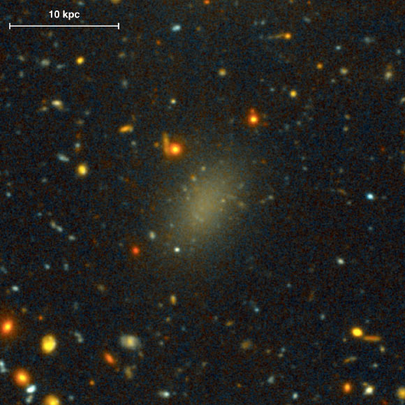 The ultra-diffuse galaxy Dragonfly 44 and its immediate surroundings. The galaxy consists almost entirely of dark matter, and has a remarkable appearance: it is a low surface brightness, spheroidal object that is peppered with faint, compact sources. Image credit: Pieter van Dokkum / Roberto Abraham / Gemini Observatory / SDSS / AURA.