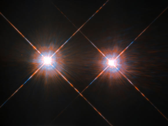 This Hubble image shows Alpha Centauri A (left) and Alpha Centauri B (right). Image credit: NASA / ESA / Hubble.