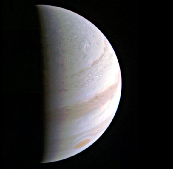 Jupiter’s north polar region is coming into view as Juno approaches Jupiter. This image was taken on August 27, when the spacecraft was 437,000 miles (703,000 km) away. Image credit: NASA / JPL-Caltech / SwRI / MSSS.