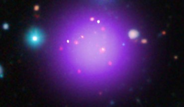 This composite image shows the young galaxy cluster CL J1001 in X-rays from Chandra (purple), infrared data from ESO’s UltraVISTA survey (red, green, and blue), and radio waves from the Atacama Large Millimeter/submillimeter Array (green). Image credit: X-ray – NASA / CXC / CEA / T. Wang et al; infrared – ESO / UltraVISTA; radio – ESO / NAOJ / NRAO / ALMA.