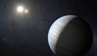 Artist’s concept of giant planets orbiting in double-star system. Image credit: NASA / JPL-Caltech / T. Pyle.