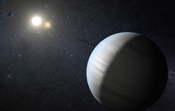 Artist’s concept of giant planets orbiting in double-star system. Image credit: NASA / JPL-Caltech / T. Pyle.