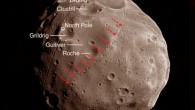 In this image of Phobos, red arrows indicate a chain of small craters whose origin researchers were able to trace back to a primary impact at a large crater known as Grildrig. Image credit: M. Nayak & E. Asphaug / ESA / Mars Express.