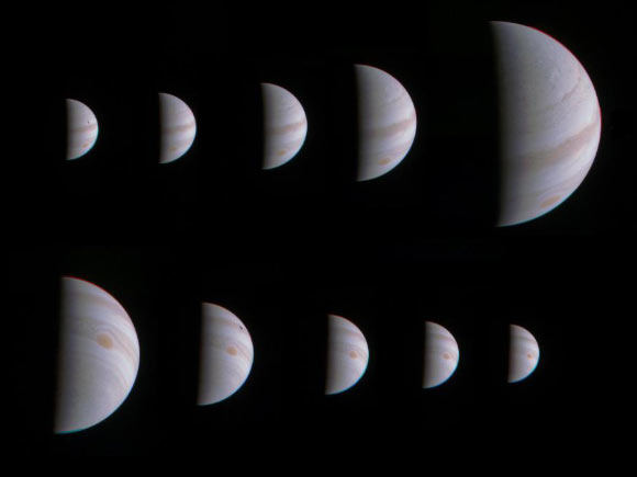 This montage of ten JunoCam images shows Jupiter growing and shrinking in apparent size before and after Juno made its closest approach on August 27 at 12:50 UTC. The images are spaced about 10 hours apart, one Jupiter day, so the Great Red Spot is always in roughly the same place. The small black spots visible on the planet in some of the images are shadows of the large Galilean moons. The images in the top row were taken during the inbound leg of the orbit, beginning on August 25 at 13:15 UTC when Juno was 1.4 million miles (2.3 million km) away from Jupiter, and continuing to August 27 at 04:45 UTC when the spacecraft was 430,000 miles (700,000 km) away. The images in the bottom row were obtained during the outbound leg of the orbit. They begin on August 28 at 00:45 UTC when Juno was 750,000 miles (920,000 km) away and continue to August 29 at 16:45 UTC when the spacecraft was 1.6 million miles (2.5 million km) away. Image credit: NASA / JPL-Caltech / SwRI / MSSS.