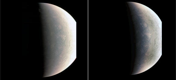 Storm systems and weather activity unlike anything encountered in the Solar System are on view in these images of Jupiter’s north polar region. The two images have been contrast-enhanced differently to bring out detail near the dark terminator and near the bright limb. The images were taken by JunoCam on August 27, when the spacecraft was about 48,000 miles (78,000 km) above the polar cloud tops. A wavy boundary is visible halfway between the grayish region at left (closer to the pole and the nightside shadow) and the lighter-colored area on the right. The wavy appearance of the boundary represents a Rossby wave - a north-south meandering of a predominantly east-west flow in an atmospheric jet. This may be caused by a difference in temperature between air to the north and south of this boundary, as is often the case with such waves in Earth’s atmosphere. The polar region is filled with a variety of discrete atmospheric features. Some of these are ovals, but the larger and brighter features have a ‘pinwheel’ shape reminiscent of the shape of terrestrial hurricanes. Tracking the motion and evolution of these features across multiple orbits will provide clues about the dynamics of the Jovian atmosphere. Image credit: NASA / JPL-Caltech / SwRI / MSSS.